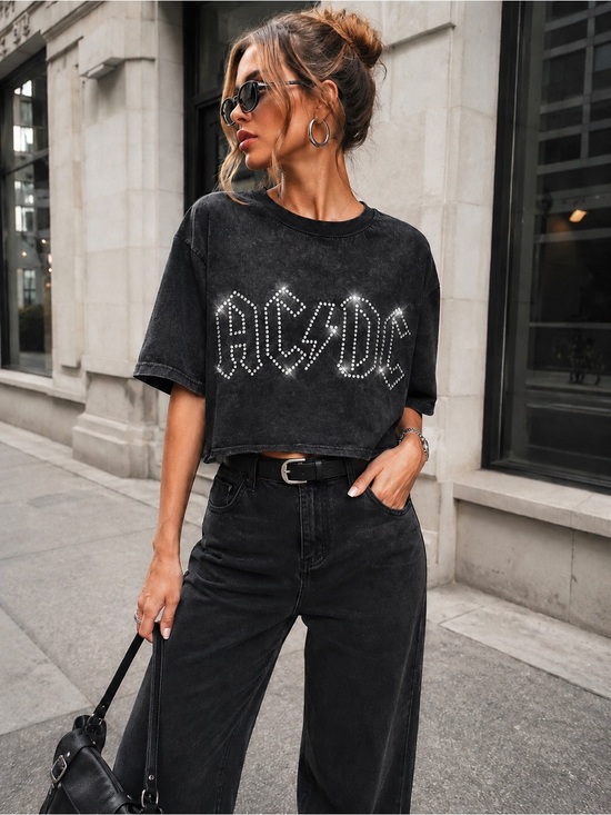 AC/DC | Tops | Acdc Rhinestone Studded Graphic Crop Tee Acid Wash Black ...